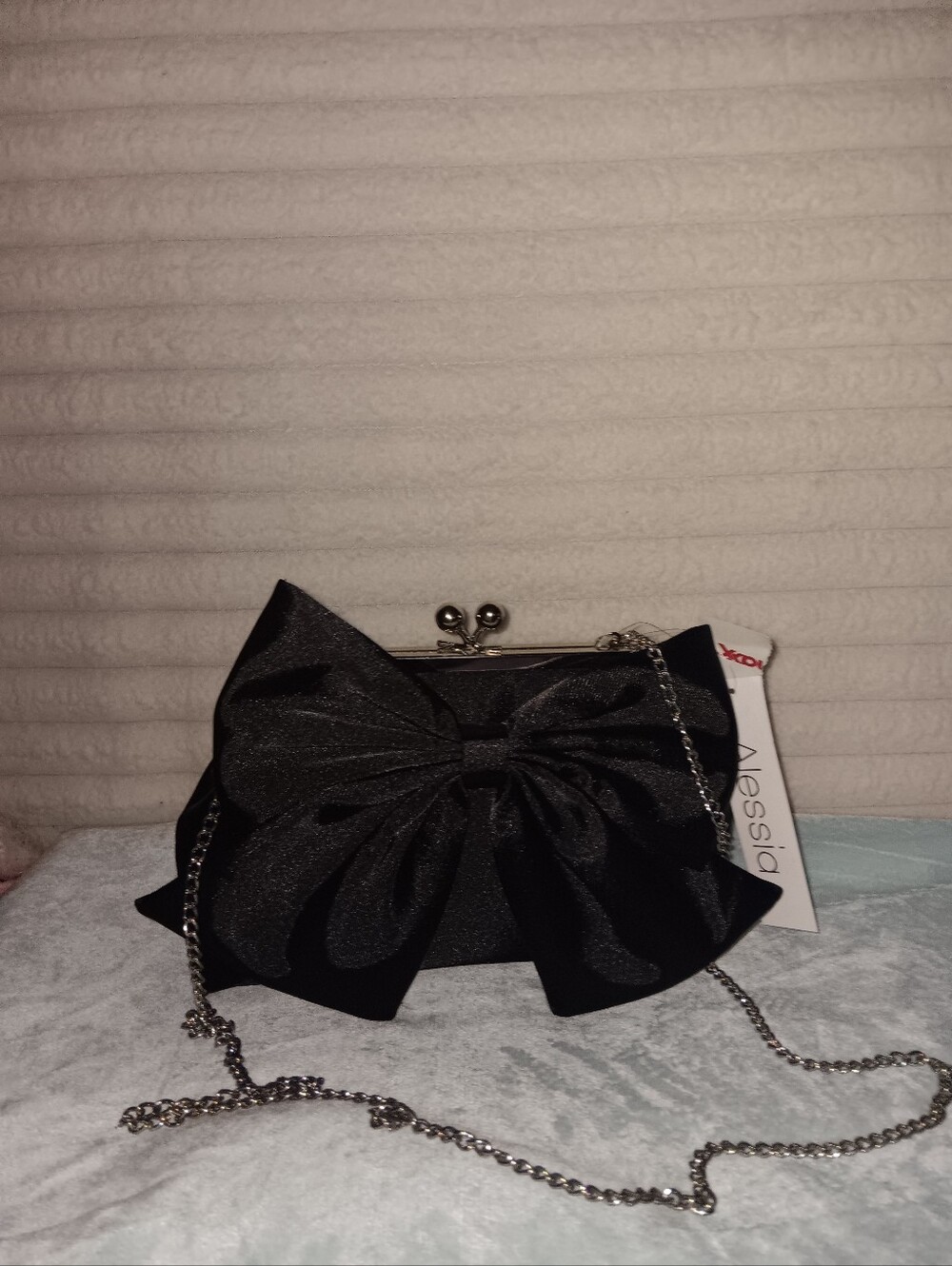 Alessi Black Satin Bow Clutch with Silver Chain